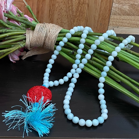 Flower Carved Cinnabar Beaded 32” Mala Necklace - Picture 4 of 12